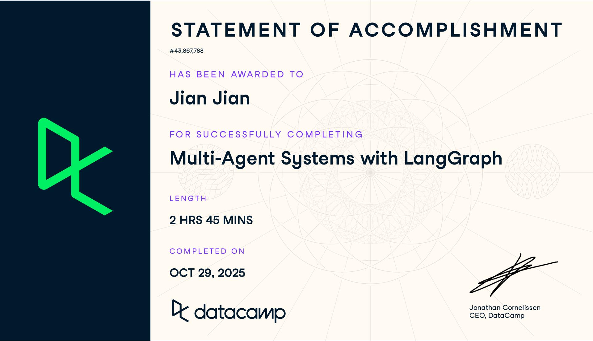Click to view full size DataCamp Statement of Accomplishment: Multi-Agent Systems with LangGraph