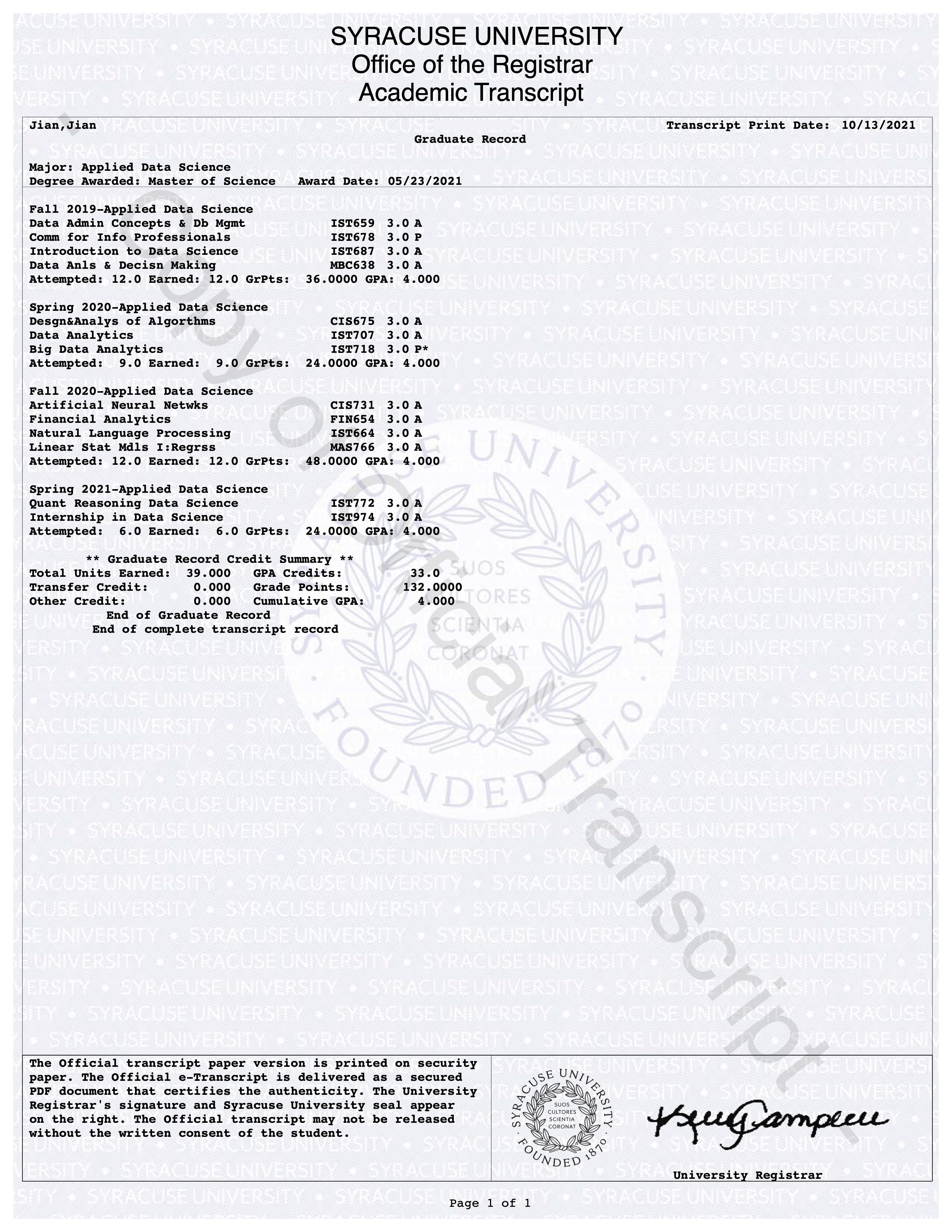 Click to view full size Syracuse University Official Transcript — GPA 4.0